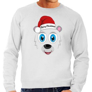 Bellatio Decorations foute kersttrui/sweater heren - IJsbeer gezicht - lichtgrijs - Merry Christmas XL