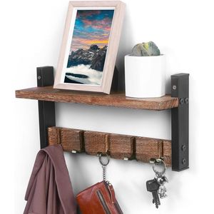 Wandkapstok met plank, 406 cm draaibare wandhaken - Rustiek hout en versterkt ijzer - Voor entree, woonkamer, slaapkamer, badkamer