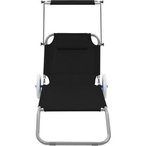 vidaXL inklapbaar ligbed met luifel en wielen - zwart Ligbed - Strandstoel - Lounge Stoel - Tuinset - Buitendecoratie