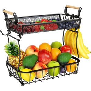 2-laags fruitmand met 2 bananenhangers voor keukenaanrecht, groenteaanrecht, opberghouder, grote capaciteit, metaaldraad, fruitstandaard, organisator, uiensnack, zwart
