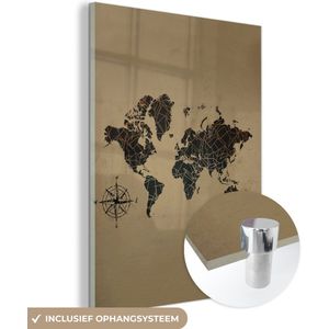 MuchoWow® Glasschilderij 120x160 cm - Schilderij acrylglas - Wereldkaart - Vintage - Kompas - Foto op glas - Schilderijen