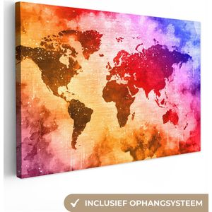 Canvas Wereldkaart - 180x120 - Wanddecoratie Wereldkaart - Verf - Kleuren