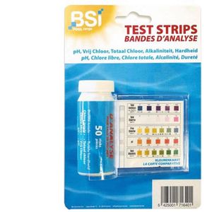 BSI - Zwembad Test Strips 50 stuks - Zwembad - Zwembadaccessoires - Voor de bepaling van pH, vrij chloor, totale chloor, alkaliniteit en hardheid van het water - 50 teststrips