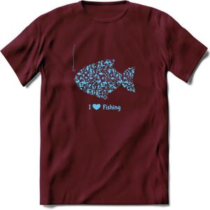 I Love Fishing - Vissen T-Shirt | Blauw | Grappig Verjaardag Vis Hobby Cadeau Shirt | Dames - Heren - Unisex | Tshirt Hengelsport Kleding Kado - Burgundy - M