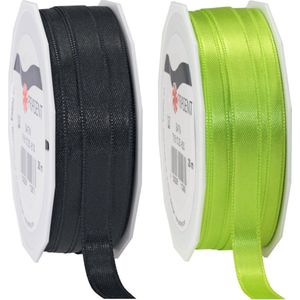 2x rollen satijn sierlint/cadeaulint - zwart en limegroen - 1 cm x 25m