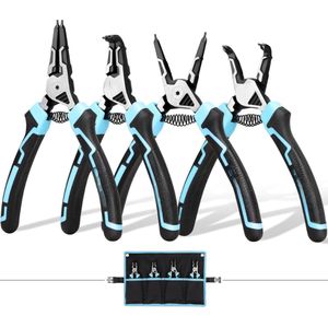 Borgringtangenset, 4-delige heavy-duty 7"" borgringtang, borgveertang met 5/64"" punt, omgekeerde tang voor ringverwijderaarhouder met draagbare tas