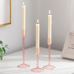 Roze Glazen Kandelaars Houder - Decoratieve Kaarshouders - Set van 3 - Roze - Glas