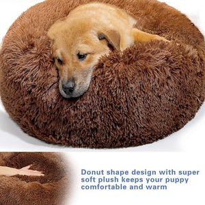 Kattenbed, hondenbed, donut huisdierbed, ronde warme knuffelkennel zachte puppybank, kattenkussen, bed slaapzak en verbeterde slaap, 60 cm, bruin