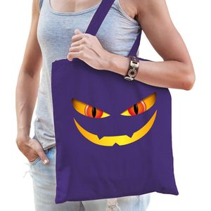 Bellatio Decorations halloween tas/shopper - paars - katoen - 42 x 38 cm - monster gezicht