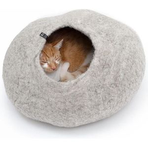 Premium Kattengrot | Katten iglo van 100% wol | 45 x 45 x 28 cm | Kattenmand vilt | Handgemaakt in Nepal | Natuurlijke Kattenmand | Lichtgrijs