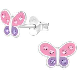 Joy|S - Zilveren vlinder oorbellen - 9 x 6 mm - zilver roze paars - kristal - kinderoorbellen