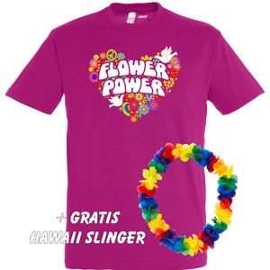 T-shirt Flower Power Hart | Love for all | Gay pride | Regenboog LHBTI | Fuchsia | maat XS