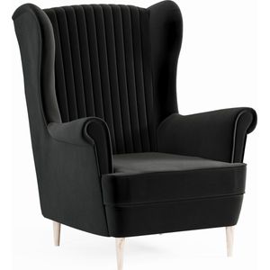 Ohrensessel, fauteuil van fluweel, stoel, zitmeubel, gestoffeerde fauteuil, relaxfauteuil - Fauteuil Comfy - Zwart (Manila 18)