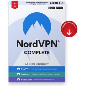 NordVPN Complete - Cybersecuritypakket - VPN, Password Manager en Versleutelde Cloud - 1-jarig Abonnement - PC & Telefoon Download