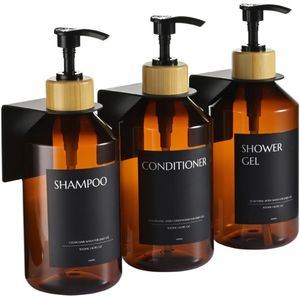 Zeepdispenser Set van 3 - Wandmontage Zonder Boren - 500 ml - Witte Zeepdispenser - Bruine Fles met Zwarte Bamboe Houder - Afwasmiddel Dispenser - Voor Keuken en Badkamer