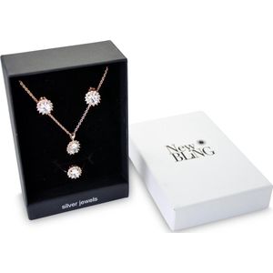 New Bling Gift Set 9NB SET012 50 Sieraden Geschenkset Zilveren Oorbellen 6x8 mm Collier 40+5 cm Ring maat 50 - Solitair Zirkonia steen - Rosékleurig