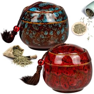 Vintage Chinese stijl keramische theepot opslagpotten - 2 stuks met kwastje - traditionele theeblikken - 70ml - keuken thee koffie kruiden suiker specerij