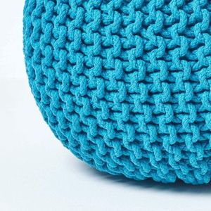 Poef gebreide poef rond vloerkussen, zitpoef, 35 x 40 cm, gewatteerde poef, poef met grof gebreide overtrek van 100% katoen, gebreide poef, turquoise/blauwgroen