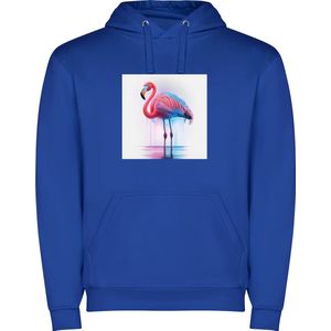 Kobalt Blauwe unisex hoodie met “ Kleurrijke Flamingo“ Print Full Color merk Roly maat 104 3/4 jaar