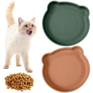 2 stuks kattenkommen, siliconen kattenvoerschaal voor voedsel en water, kattenplaten, schattige antislip kattenvoer, komstation voor puppy's en kleine honden (groen en baksteenrood)