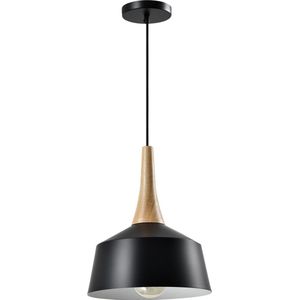 QUVIO Hanglamp Scandinavisch - Lampen - Plafondlamp - Verlichting - Keukenverlichting - Lamp - Minimalistisch -  E27 fitting - Voor binnen - Met 1 lichtpunt - Aluminium - Hout - D 27 cm - Zwart en lichtbruin
