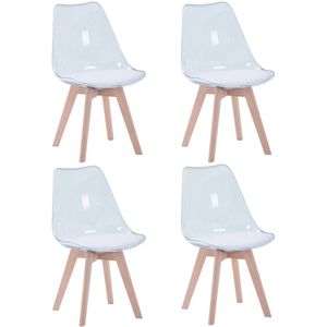Transparante Eetkamerstoelen – Stoel - Keukenstoelen - Set van 4 - Moderne - Houten Poten – Comfortabele PU Zitting - Ergonomisch design - Woonkamer - Duurzame materialen - Wit