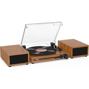 Platenspeler met 2 Dual Stereo Speakers – Vintage Platenspeler – Bluetooth 5.3 – 3 Snelheden – AUX-in – RCA Line-out – USB – Draadloze Weergave – Geel
