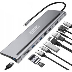 Zenwire Hub 11 in 1 - Hub USB-C - HDMI 4K 30HZ - Mini Jack - 3x USB 3.0 - SD 2 TB - micro SD 2 TB - RJ-45 - VGA - USB-C met ondersteuning voor Power Delivery - USB-C Data Transfer