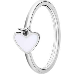 Lucardi Kinder Stalen ring met hart emaille wit - Ring - Staal - Zilverkleurig - 17 / 53 mm