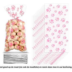 25x Uitdeelzakjes Hondenpoot Roze 12.5 x 27.5 cm - Poot - Paw - Dog - Dieren - Cellofaan Plastic Traktatie Kado Zakjes - Snoepzakjes - Koekzakjes - Koekje - Cookie Bags