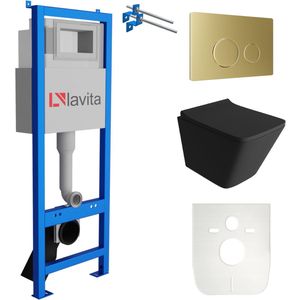 LAVITA® Inbouwreservoir Complete Toiletset LAV 101 - Inbouw WC Hangtoilet Wandcloset LAGO BLACK Zwart Mat - Bedieningsplaat 200.4.5 Gouden - Voorwandelement voor toilet 40cm - Installatiesysteem