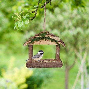 Vogelvoederhuis hout, om op te hangen, h x b x d: 19 x 22 x 16,5 cm, tuin, vogelvoederdispenser voor kleine vogels, naturel