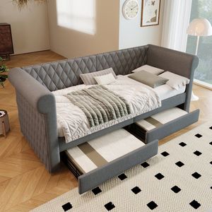 Sweiko Gestoffeerde slaapbank, 90x200 cm, met 2 laden en bedframe met houten latten, zonder matras, linnen, grijs