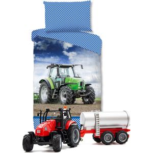 Good Morning Tractor kinderdekbedovertrek - eenpersoons -140x200 cm 100% katoen- Boerderij- incl. Tractor speelset met Giertank .