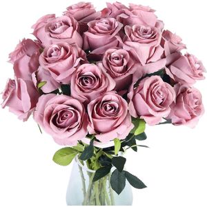 Kunstrozenblaadjes, verpakking van 10 stuks, nep-zijden rozen met lange steeltjes, bruidsboeketten voor thuis, hotel, kantoor, bruiloftsdecoratie (mat roze)
