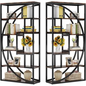TRIBESIGNS - Set van 2 Boekenkast - Boekenrek met 5 Planken - Industrieel Vintage - Geometrisch Ontwerp - Bruin/Zwart - 80 x 30 x 180 cm