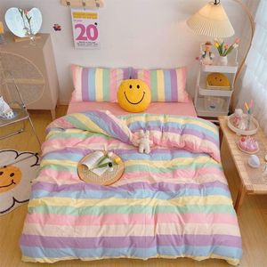 Kleurrijk meisjesbeddengoed, kinderbeddengoed, meerkleurig, regenboogstrepen, patroon, dekbedovertrek met ritssluiting, kussensloop 70 x 90 cm, 140 x 200 cm
