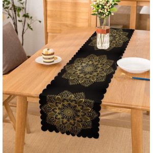 Bedrukt Velvet textiel Tafelloper - 45x260- Gold Mandala op Zwart - De Groen Home