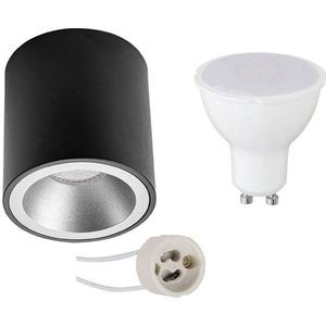 Opbouwspot Set - Proma Cliron Pro - GU10 Fitting - Dimbaar - Opbouw Rond - Mat Zwart/Zilver - 6W - Natuurlijk Wit 4200K - Verdiept - Ø90mm