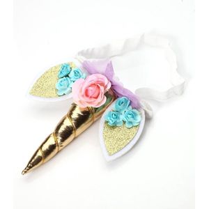 Haarband eenhoorn goud unicorn elastiek met oortjes, bloemetjes en tule - gouden hoorn diadeem - bloemen blauw roze wit paars festival