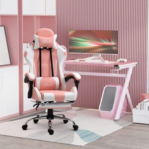 Resterende stoelgamingstoel ergonomisch hoogte verstelbaar met hoofdsteun lumbaal kussenschuim synthetisch leer pvc roze+wit 64 x 67 x 119-127 cm
