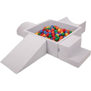 KiddyMoon Schuimspeelplaats met vierkant Ballenbad - ∅ 7cm 300 Ballen - Ballenbak Ballen Voor Baby's Foam - Speelplaats met Helling Halve Cilinder Wig en Trapjes - Ballenbak schuim voor kinderen - Lichtgrijs: Geel Groen Blauw Rood Oranje