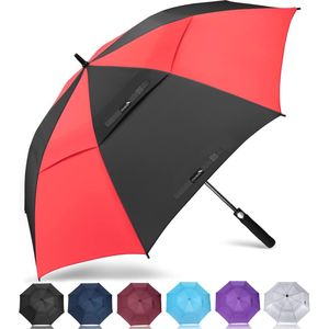 Grote winddichte paraplu, L golfparaplu met automatisch openen/sluiten voor mannen en vrouwen, reisparaplu met draagriem (zwart rood)