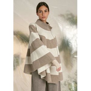 poncho cape omslagdoek, gestreept wolwit taupe