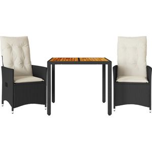 vidaXL - 3-delige - Bistroset - met - kussens - poly - rattan - en - acaciahout - zwart