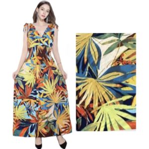 Dames maxi jurk met bladerenprint S/M Geel/groen/blauw/oranje