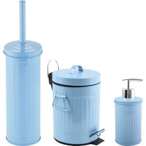 MSV Toiletborstel in houder/zeeppompje/pedaalemmer set Industrial - metaal - lichtblauw