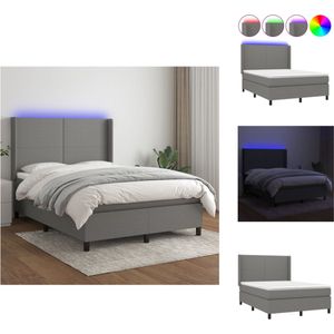 vidaXL Bed LED Boxspring - 140x200 cm - Donkergrijs - Pocketvering en schuim - Met verstelbaar hoofdbord - Met kleurrijke LED-verlichting - Inclusief matras en topmatras - Huidvriendelijke stoffen hoes - Montagehandleiding meegeleverd - Bed