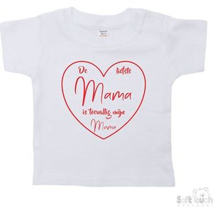 Soft Touch T-shirt Shirtje Korte mouw ""De liefste mama is toevallig mijn mama"" Unisex Katoen Wit/rood Maat 62/68