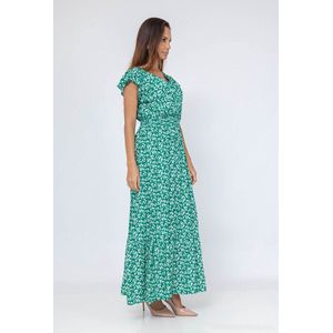 Lange dames maxi jurk Tess gebloemd motief groen wit oranje zwart strandjurk S/M